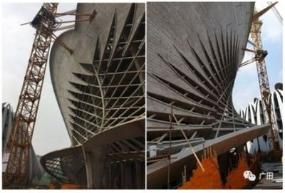 異形結(jié)構(gòu)施工難點(diǎn)（勁性混凝土柱中的鋼柱存在一桿多頭現(xiàn)象，牛腿角度和精度需嚴(yán)格控制）